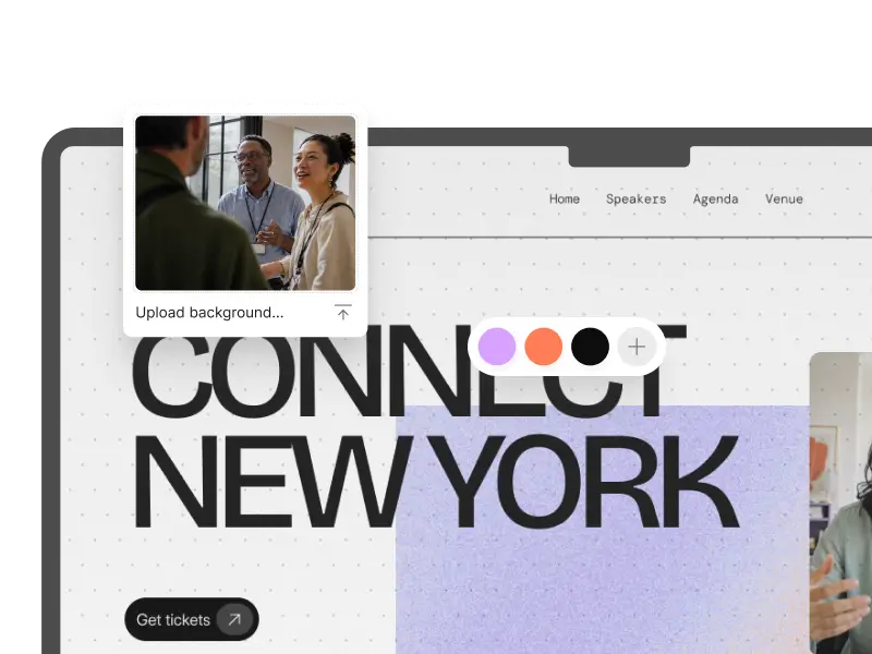 Event page builder with easy brand color customization and theme selection