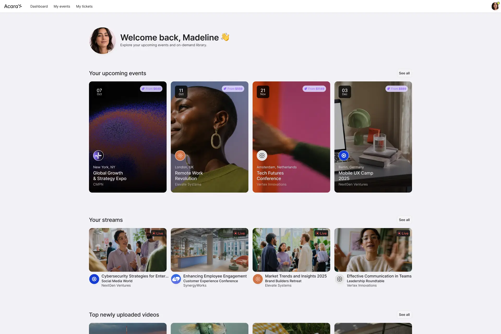 Audience Portal dashboard with upcoming events, live streams and on-demand access