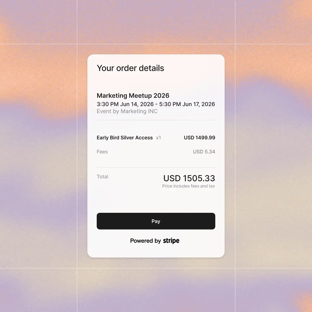 Ticket checkout with order summary, secure payment and registration details