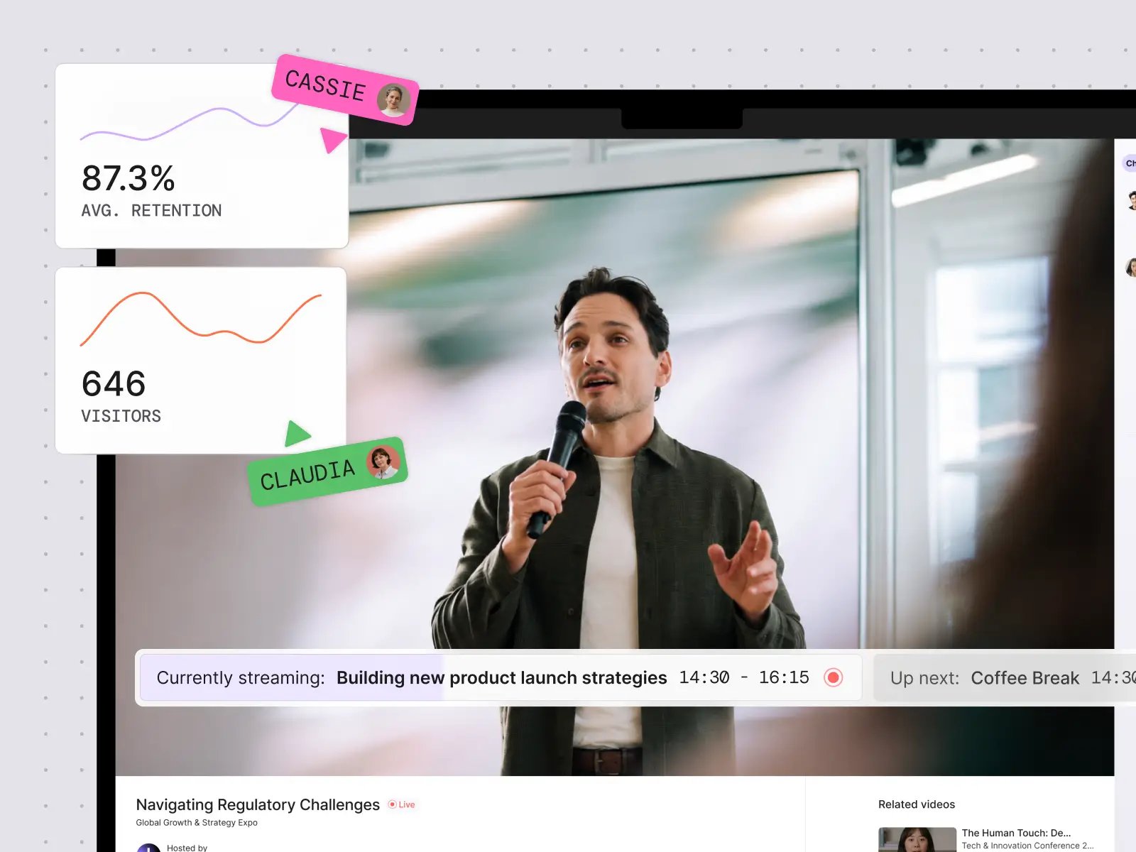 Virtual conference streaming with upcoming sessions, analytics and presentation management