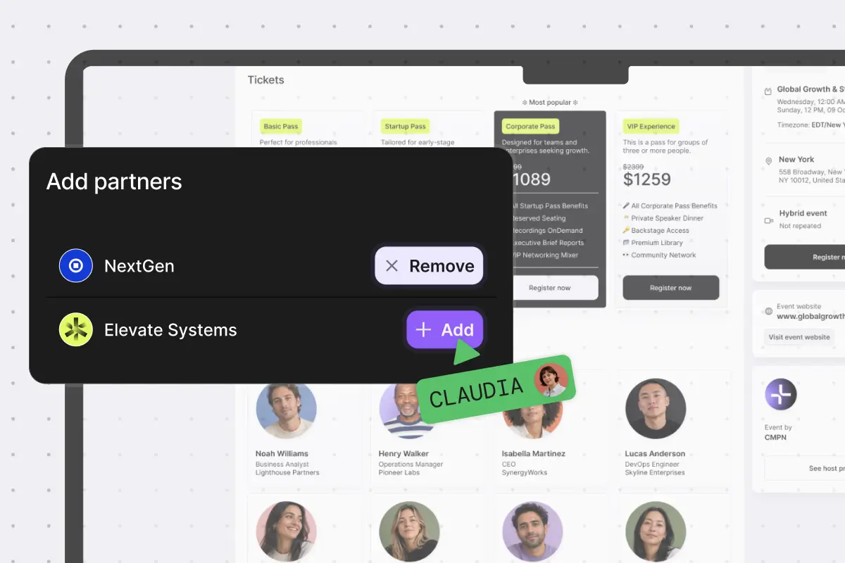 Event partner management with reusable company profiles and quick setup