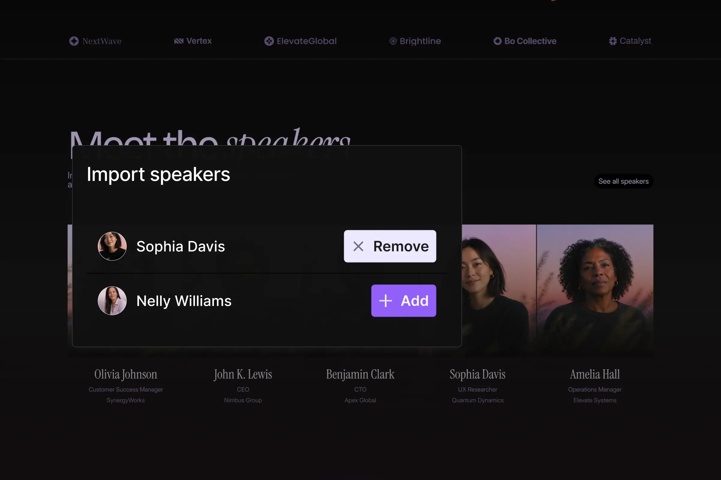 Speaker management with profile import and reusable event speaker setup