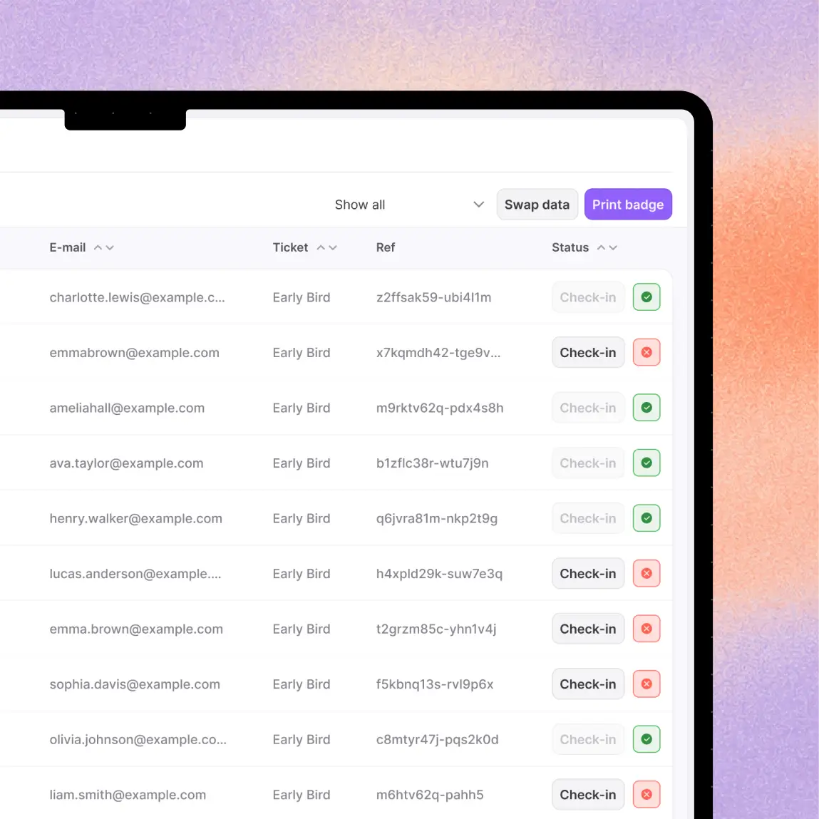 Multi-event attendee list synced from desktop to tablet QR check-in app