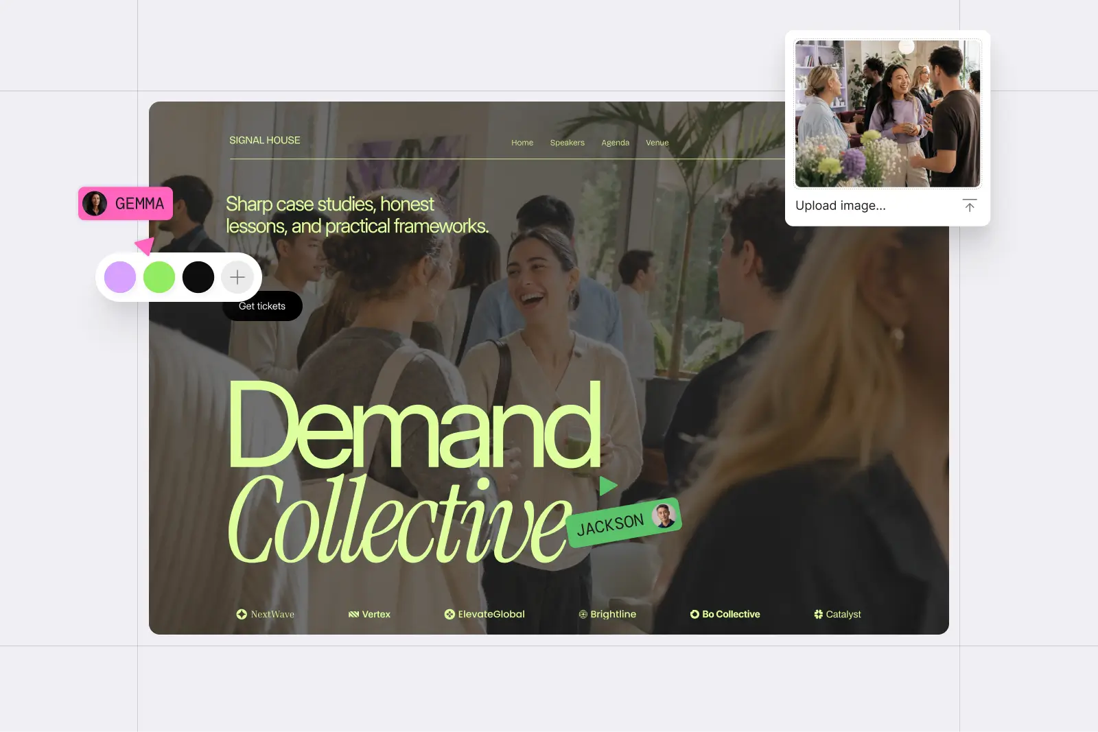 Event website builder with real-time team editing, theme customization, inline text editing and image upload