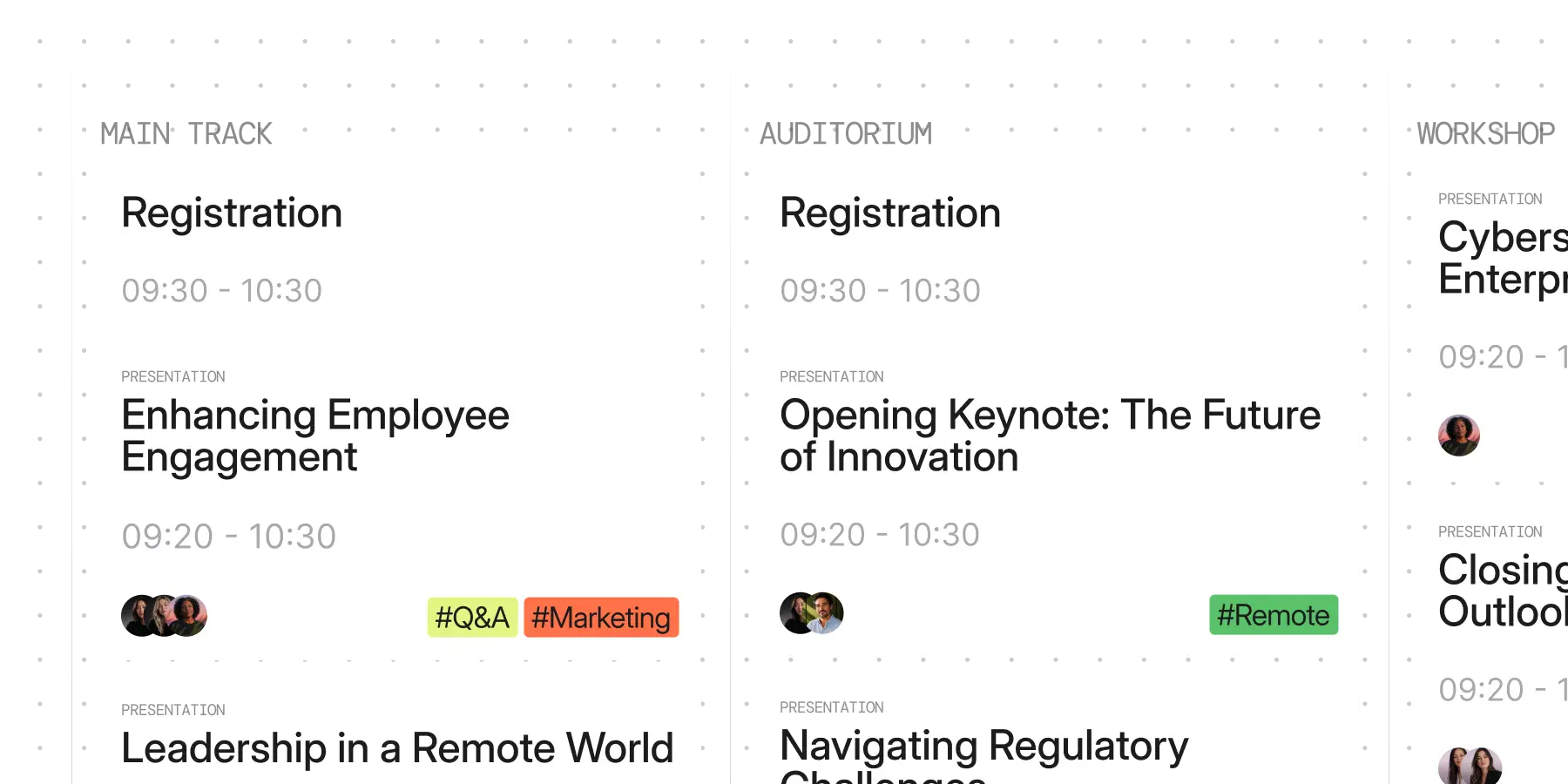 Event agenda builder with presentations, speakers and schedule management, multi-day, multi-track
